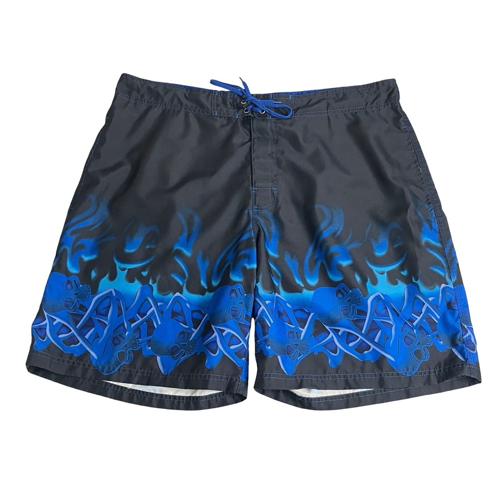 VTG Y2K No Boundaries Board Shorts Mens 40 Blue‎ Flame Skull Tribal Swim Trunks